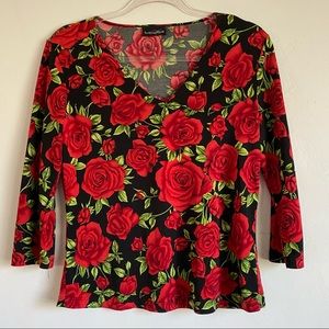 Dramatic Red Rose Pattern 3/4 sleeve v-neck shirt